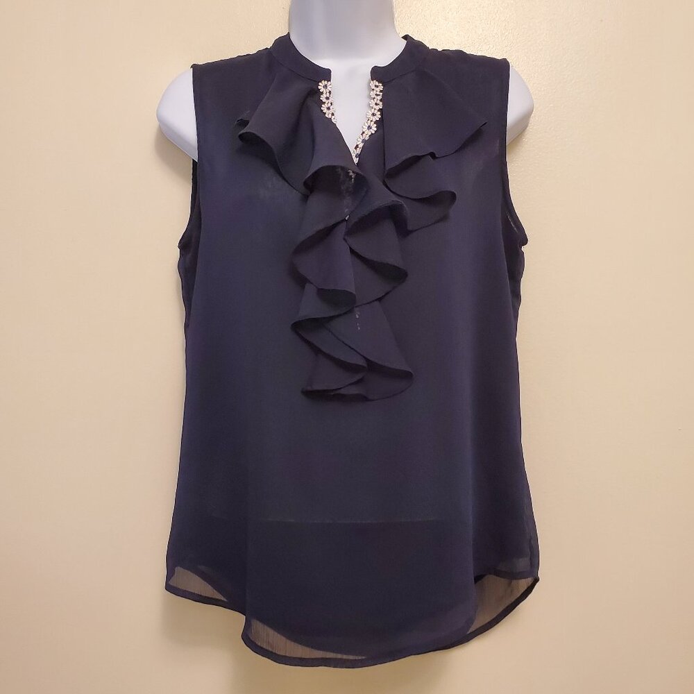 Tommy Hilfiger Navy Blue Ruffled Daisy-Trim Split Neck Sleeveless Blouse Top - S
